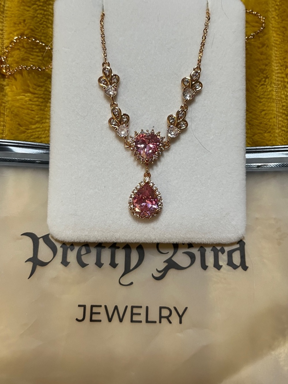 Pretty Bird Gold Necklace with Pink Teardrop Double Pendant